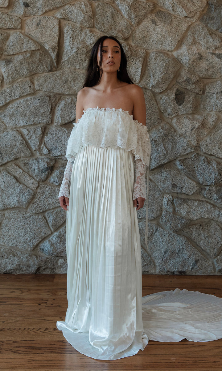 pleated silk wedding dress One Shoulder Pleated Bodice Wedding Gown JB39218