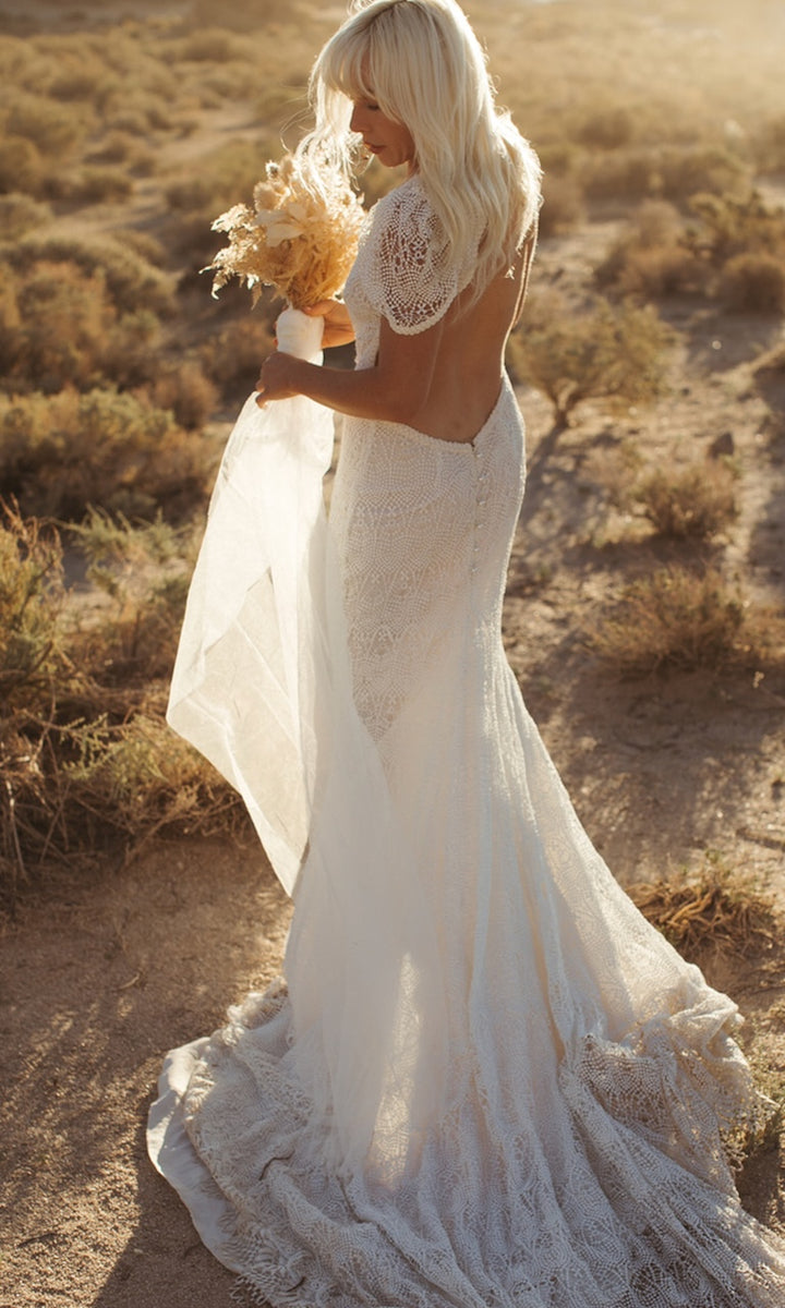 Franklin - Crochet Guipure Lace Ivory Cap Sleeve Backless Wedding
