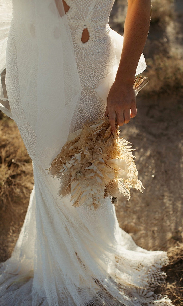 Franklin - Crochet Lace Ivory Cap Sleeve Backless Wedding Dress