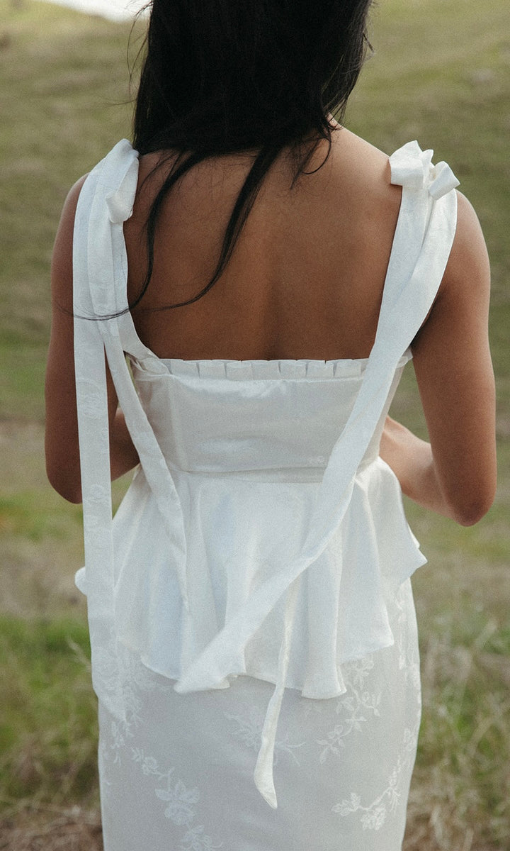 the clothing company lace dress Cotton lace up hollow out summer white Holiday casual high waist ruffl – The  Clothing Company Sydney main image 1