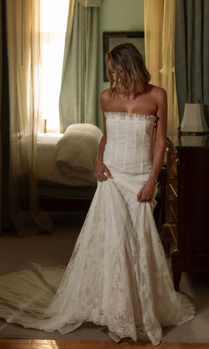 green emerald velvet dress Lace Fitted Strapless Bridal Gown by Adrianna Papell 31314 main image 1