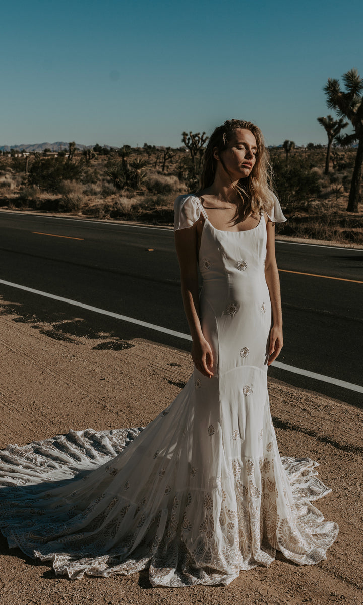 Stevie- Backless Sequin Embroidered Cap Sleeve Wedding Dress + 1.5" to Each Side Stevie- Backless Sequin Embroidered Cap Sleeve Wedding Dress + 1.5" to Each Side