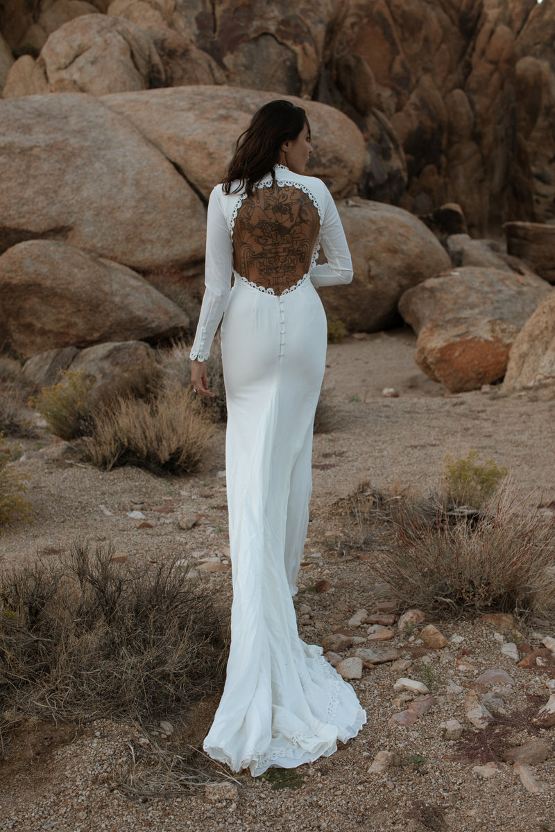 Ave - 1960s Inspired Silk Long Sleeve Wedding Dress High Neck