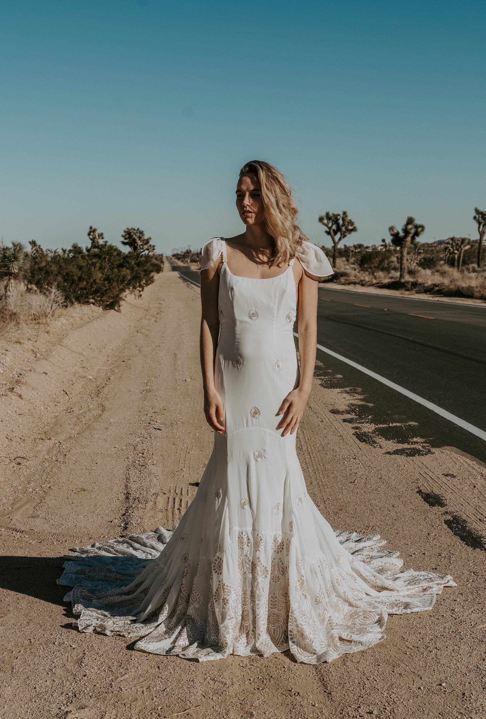 Backless Sequin Embroidered Cap Sleeve Wedding Dress