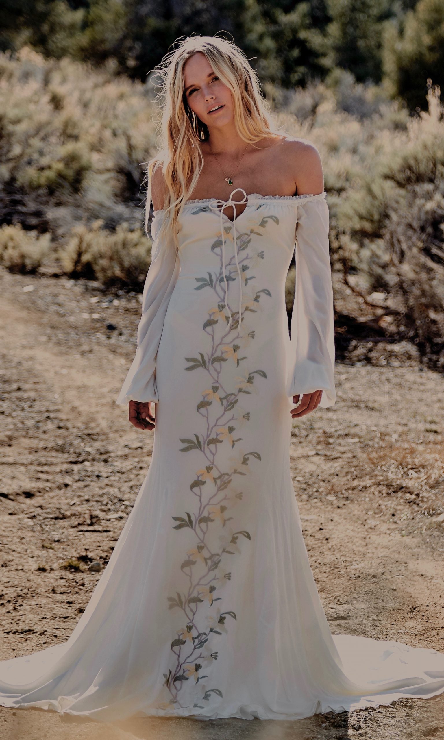 Floral Embroidered Washed Silk Off the Shoulder Wedding Gown
