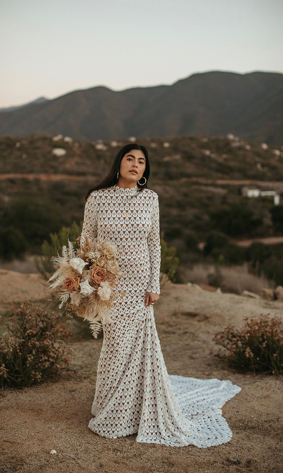 Hollis - High Neck Long Sleeve Crochet Guipure Lace Backless Bohemian  Wedding Dress – Daughters of Simone
